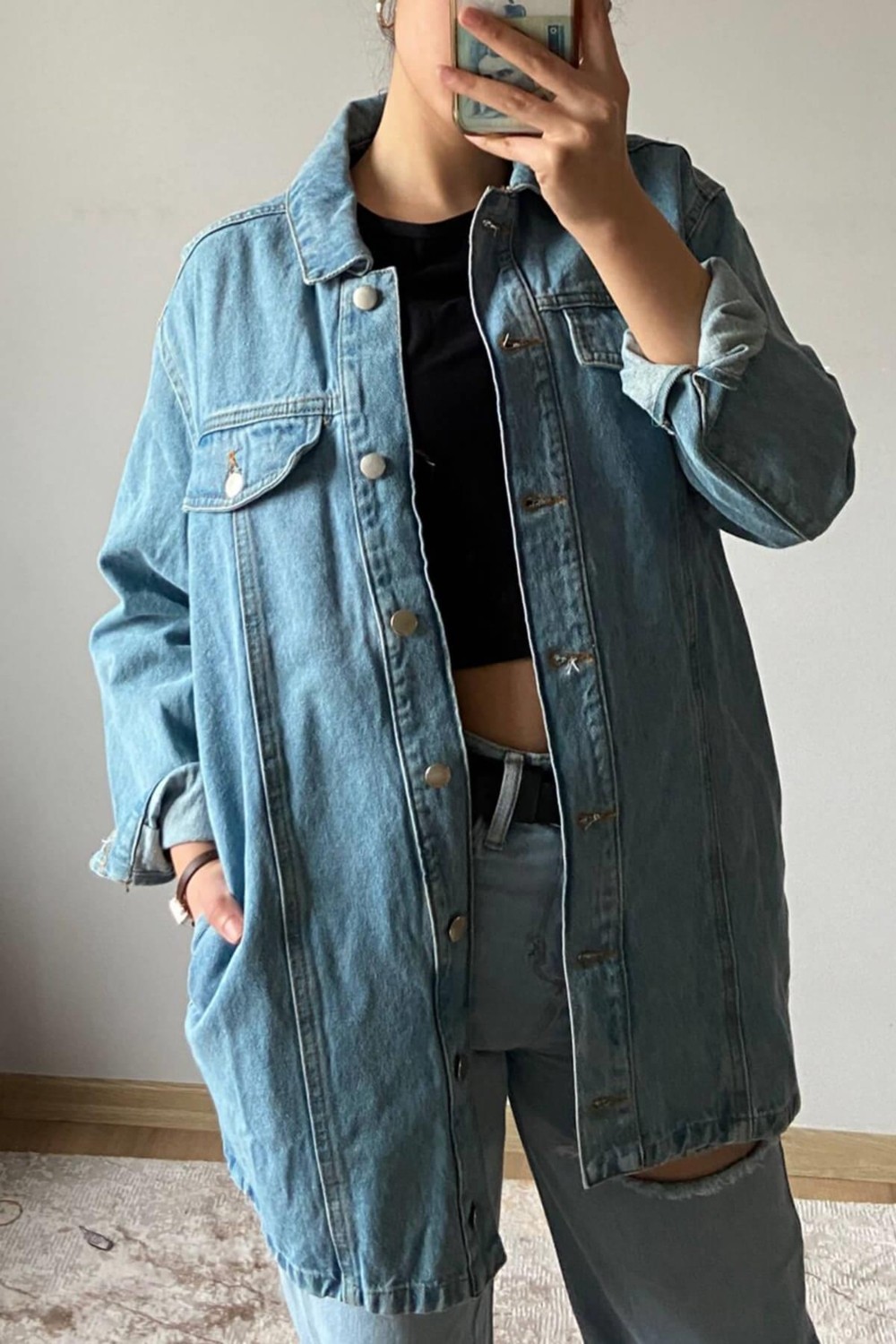 Mia Butik Kadın Mavi Gömlek Yaka Kot Ceket