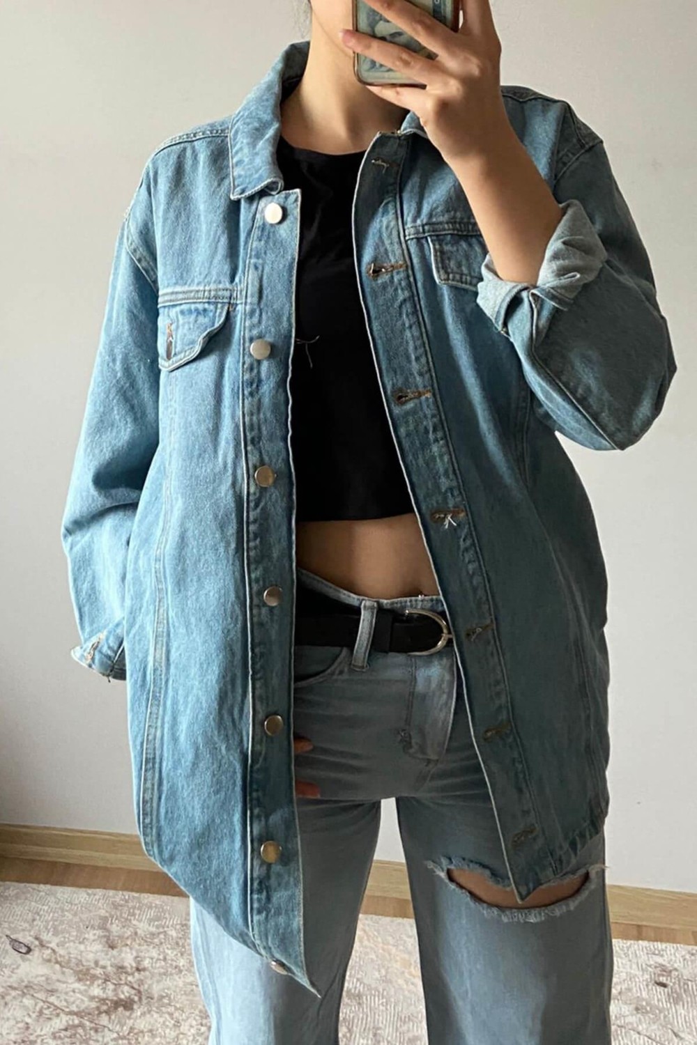 Mia Butik Kadın Mavi Gömlek Yaka Kot Ceket görsel 3