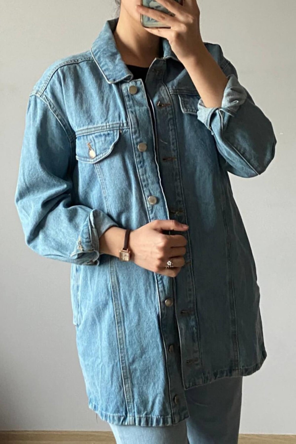 Mia Butik Kadın Mavi Gömlek Yaka Kot Ceket görsel 4