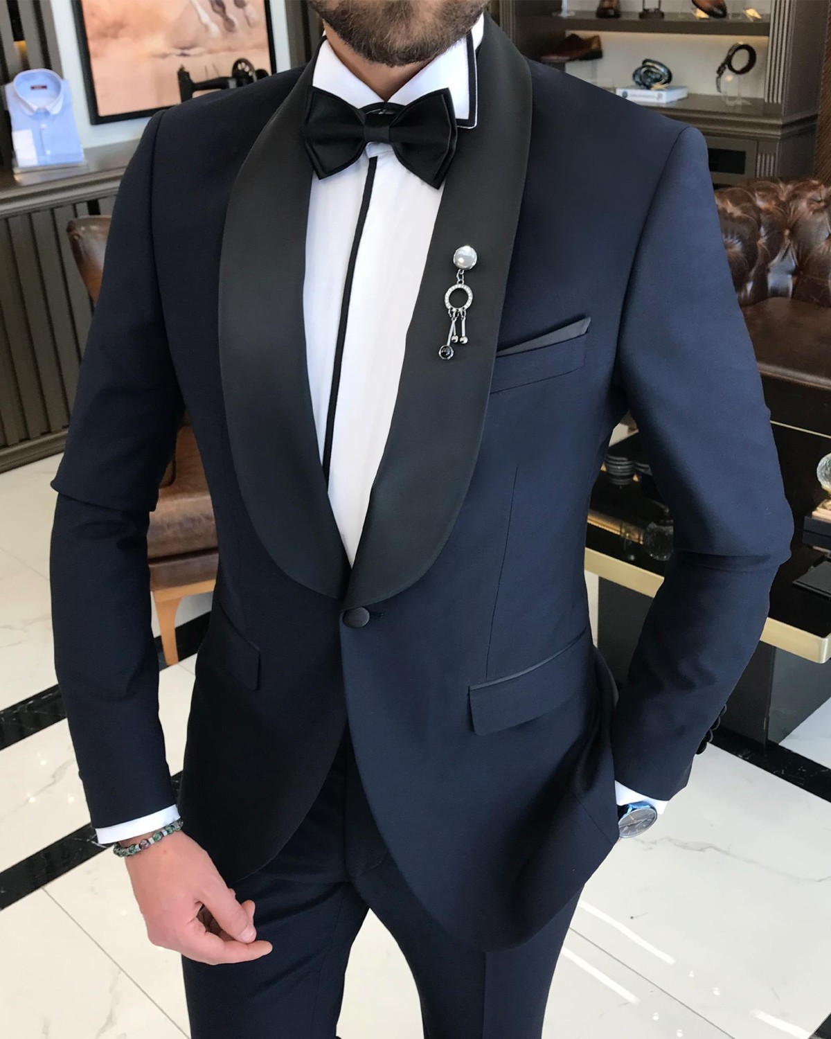 Terzi Adem Altun Terzi Adem İtalyan kesim slim fit şal yaka ceket pantolon damatlık set lacivert T9182