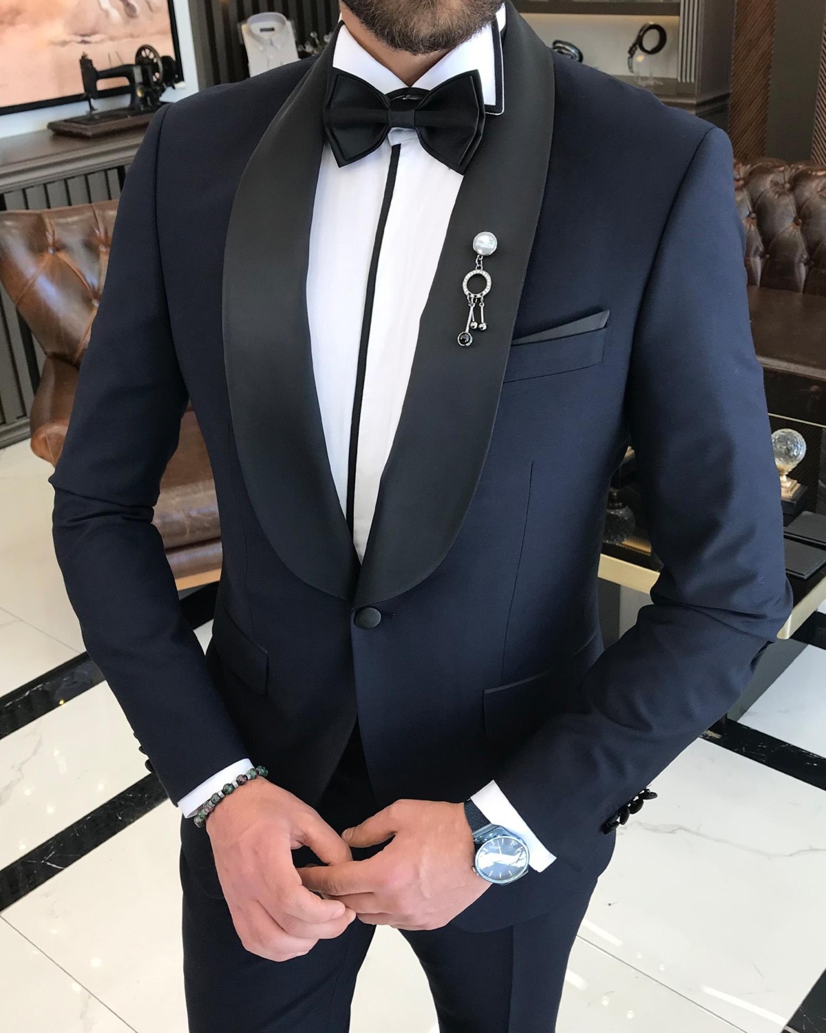Terzi Adem Altun Terzi Adem İtalyan kesim slim fit şal yaka ceket pantolon damatlık set lacivert T9182 görsel 2