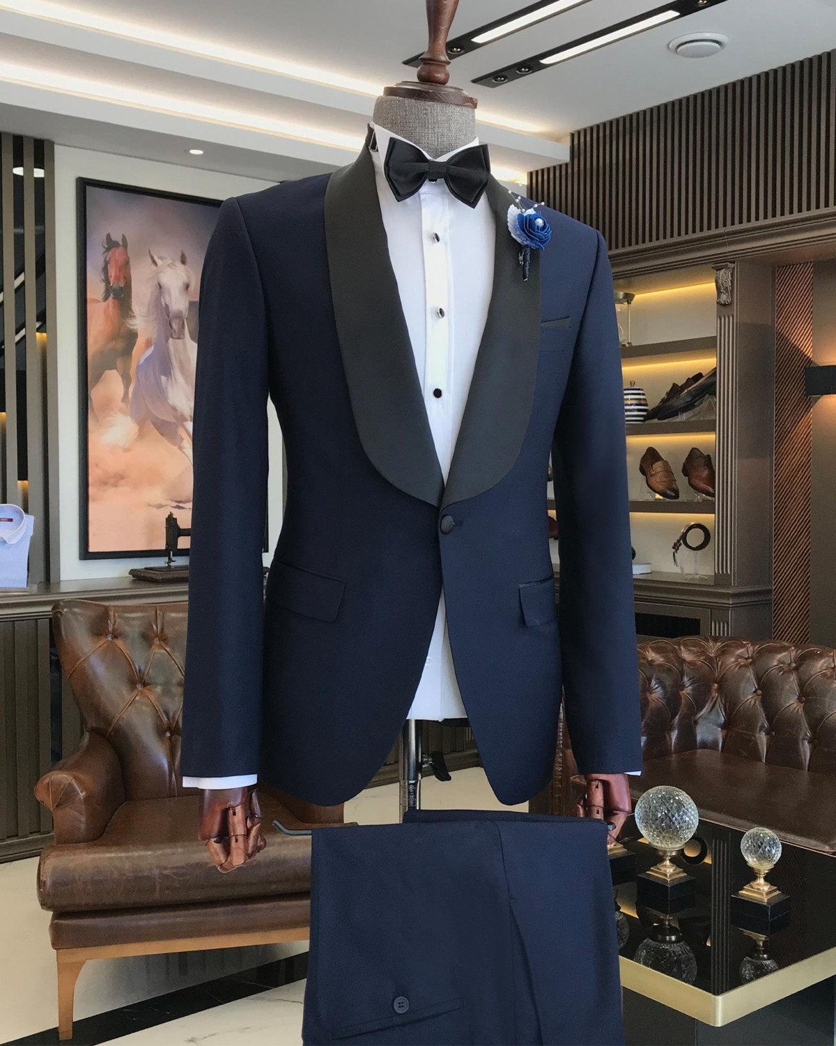 Terzi Adem Altun Terzi Adem İtalyan kesim slim fit şal yaka ceket pantolon damatlık set lacivert T9182 görsel 3