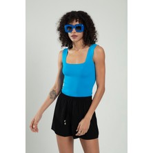 sifu tekstil Indigo Renkli Kare Yaka Kadın Spor Askılı Triko Atlet Crop Top Bluz SFYZ1001
