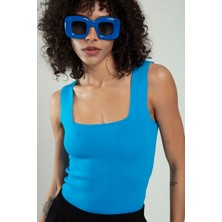 sifu tekstil Indigo Renkli Kare Yaka Kadın Spor Askılı Triko Atlet Crop Top Bluz SFYZ1001