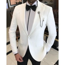 Terzi Adem İtalyan kesim slim fit sivri yaka ceket pantolon damatlık set beyaz T9194