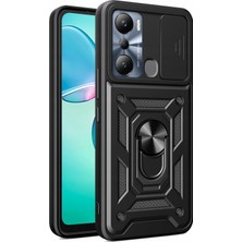 Smcase Infinix Hot 20I Kılıf Sert Silikon Tank Aramid Sürgülü Vega Yüzüklü Siyah