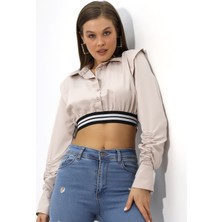 Hazelin Kadın Bej Uzun Kollu Crop Detaylı Poplin Gömlek HZL23W-DSB110091