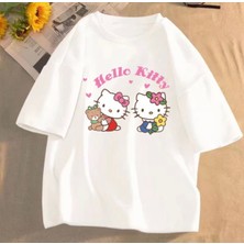 Kids Face Özel Tasarım Bisiklet Yaka Hello Kıtty Baskılı %100 Pamuk Oversize Kız Çocuk T-Shırt
