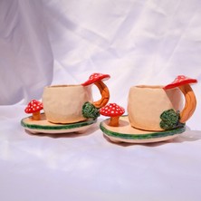 Lily & Loly Ceramics El Yapımı Mantarlı Seramik Türk Kahvesi Fincanı ve Tabağı