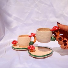 Lily & Loly Ceramics El Yapımı Mantarlı Seramik Türk Kahvesi Fincanı ve Tabağı