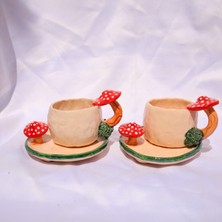 Lily & Loly Ceramics El Yapımı Mantarlı Seramik Türk Kahvesi Fincanı ve Tabağı