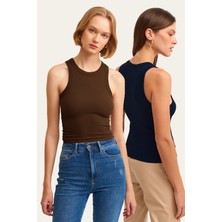 la & vetta 2'li Paket Fitilli Halter Yaka Örme Atlet