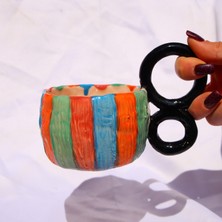 Lily & Loly Ceramics Renkli Dokulu Büyük Kulplu El Yapımı Seramik Kahve Kupası 200 ml