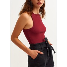 la & vetta Kadın Bordo Fitilli T-Shirt Halter Yaka Örme Atlet