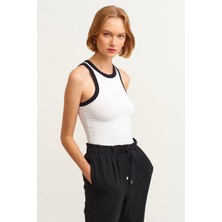 la & vetta Kadın Siyah Şeritli Beyaz Fitilli Örme Atlet S Beden %95 Pamuk %5 Lycra