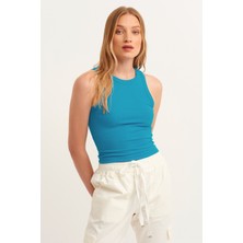 la & vetta Kadın Mavi Fitilli T-Shirt Halter Yaka Örme Atlet