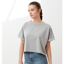 Nors Oversize Crop Kadın T-Shirt Açık Gri Melanj