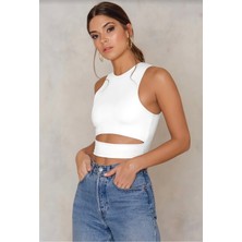 Quella Atelier Kadın Beyaz Göbek Detay Crop Top