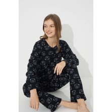 Siyah İnci Siyah Ayıcık Desenli Pamuklu Pijama Takımı  7613