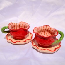 Lily & Loly Ceramics El Yapımı Seramik Türk Kahvesi Fincan Seti - 2 Adet Çiçek Şekilli