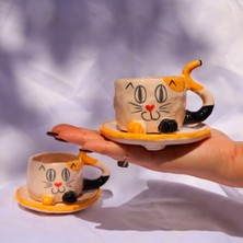Lily & Loly Ceramics El Yapımı Kedi Desenli Seramik Türk Kahvesi Fincan Seti