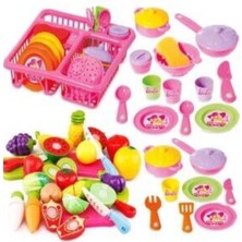 EC Shop Depomiks Avm Barbie Oyuncak Bulaşıklık Tabak Tencere Set + 10 Parça Kesilebilen Oyuncak Meyve Sebze Set Depomiks