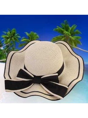 Tezzgelsin Kadın Dalgalı Geniş Siperli Fiyonklu Yazlık Organik Hasır Şapka