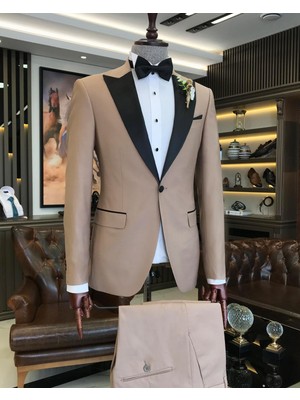 Terzi Adem Italyan Kesim Slim Fit Sivri Yaka Ceket Pantolon Damatlık Set Camel T9186