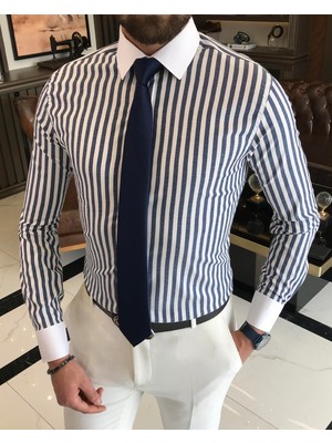 Terzi Adem Italyan Stil Slim Fit Çizgili Erkek Kravat Yaka Gömlek Lacivert T9228