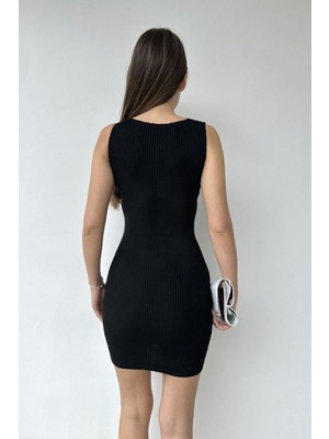 Deafox Siyah Kalın Askılı Kruvaze Yaka Triko Elbise