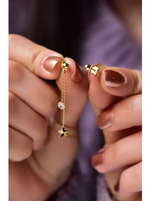 Papatya Silver 925 Ayar Gümüş Gold Kaplama Kalemli Zincir Yıldız, Taşlı ve Top Küpe