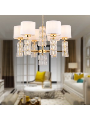 Apliqa Darell 6'lı Beyaz Şapkalı Gold Kristalli Taşlı Modern Tasarım Kristal Salon Avize