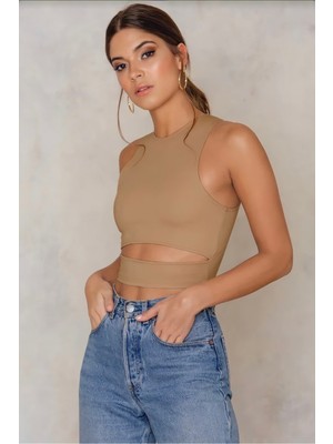 Quella Atelier Kadın Bej Göbek Detay Crop Top