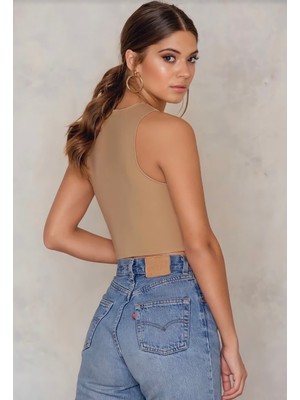 Quella Atelier Kadın Bej Göbek Detay Crop Top