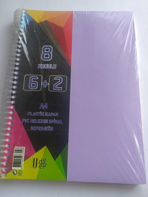 Free A4 Büyük Boy 8 Konulu Ayraçlı Spiralli Plastik Kapaklı 6 Kareli + 2 Çizgili Defter