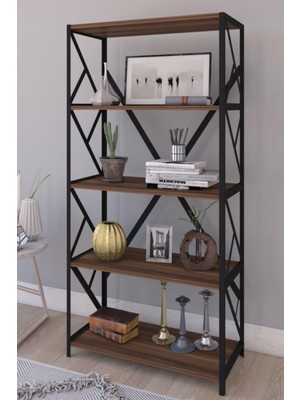 Yelken Metal Mobilya Ceviz Kitaplık 5 Raflı 150 cm Modern Tasarım Ahşap ve Metal Mobilya