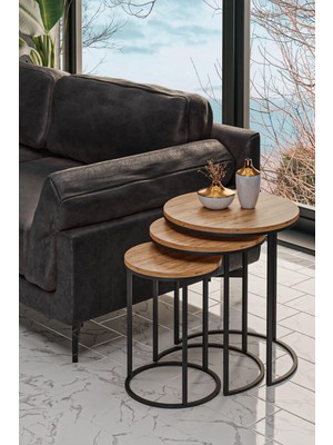 Usta Mekan 3'Lü Siyah Ayak Antik Çam Tabla Zigon Servis Salon Sehpa