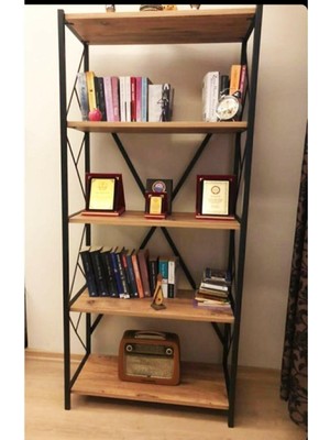 Deb Mobilya Dekoratif 5 Raflı Kitaplık Metal Kitaplık Çam