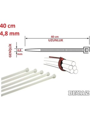 Pemsan 40CM x 4,8mm Plastik Cırt Kelepçe ( Kablo Bağı ) Saydam-Beyaz 40CM x