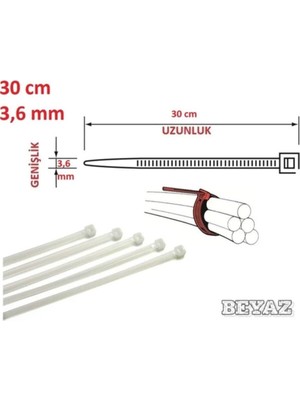 Pemsan 30CM x 3,6mm Plastik Cırt Kelepçe ( Kablo Bağı ) Saydam-Beyaz 30CM x