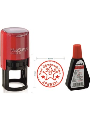 Mobistamps Yuvarlak Aferin Kaşesi + Trodat 7011 Mürekkep 40 mm Kırmızı Renkli Öğretmen Kaşesi