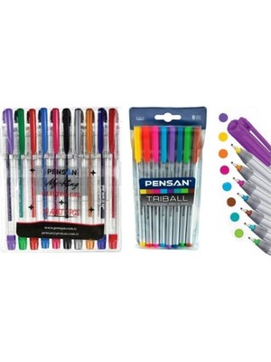 Pensan Tükenmez Kalem Seti İkili Paket 8 Renkli ve Simli Kalemler Türkiye Menşeli