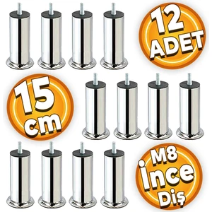 Mobilya Kanepe Baza Koltuk Yatak Çekyat Destek Yükseltme Ayağı M8 15 Cm Krom Metal Ayakları 12 Adet