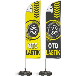 Oto Lastik  Temalı Yelken Bayrak Takımı Gri Sarı  2 Adet