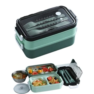 Paslanmaz Çelik Yemek Tası Isı Yalıtımlı 3 Katlı Yemek Termosu Ofis Kamp Lunchbox Yeşil
