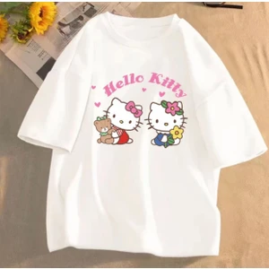 Kids Face Özel Tasarım Bisiklet Yaka Hello Kıtty Baskılı %100 Pamuk Oversize Kız Çocuk T-Shırt