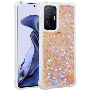 Xiaomi Mi 11T Pro 5g Kılıf Sıvılı Simli Pullu Yüzüklü Standlı Lüx Silikon