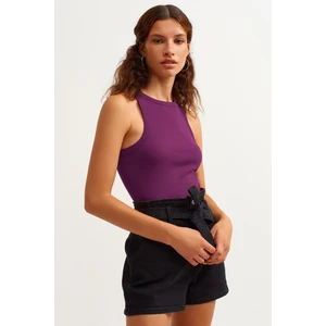la & vetta Kadın Mürdüm Fitilli T-Shirt Halter Yaka Örme Atlet