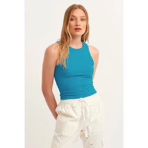 la & vetta Kadın Mavi Fitilli T-Shirt Halter Yaka Örme Atlet