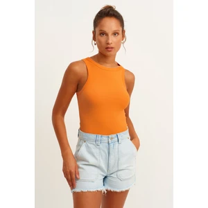 la & vetta Kadın Hardal Fitilli T-Shirt Halter Yaka Örme Atlet